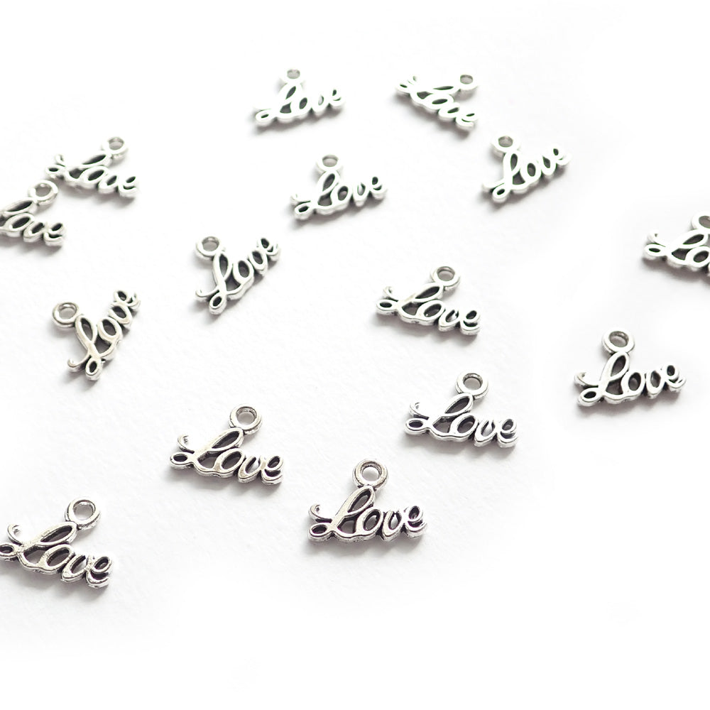 Love Script Word Charms, Silver Tone, about 15 charms