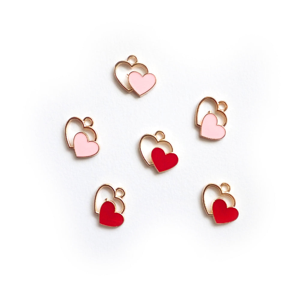 Double Heart Enamel Metal Charms, Pink &amp; Red, 6 charms