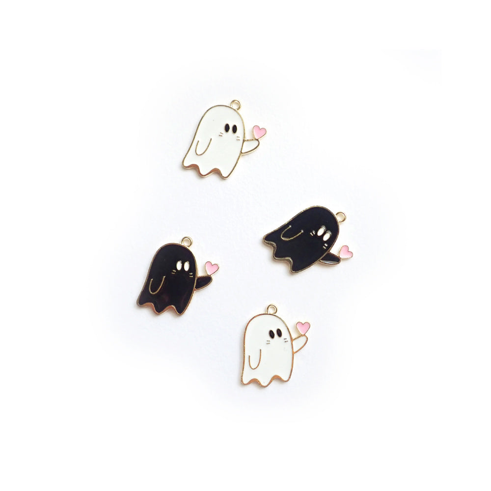Valentine's Ghost Heart Metal Enamel Charms, Black &amp; White, 4 charms
