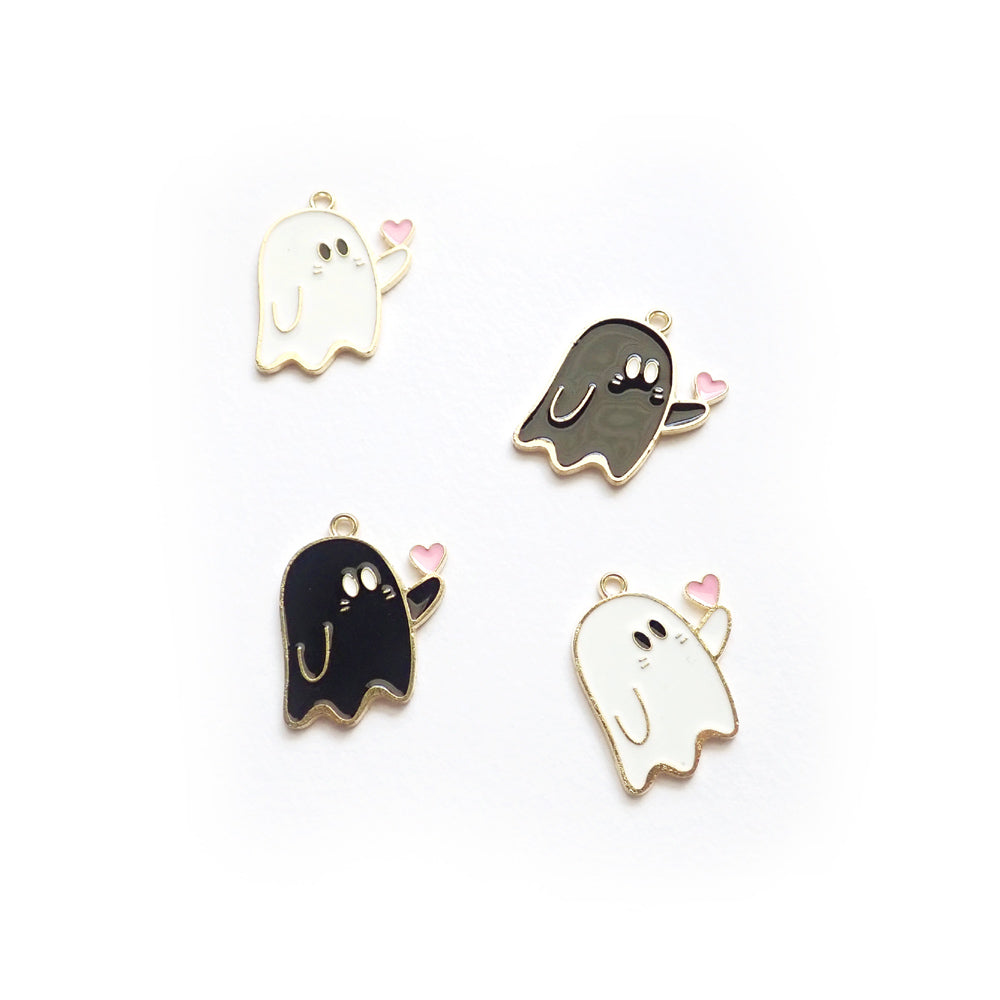 Valentine's Ghost Heart Metal Enamel Charms, Black & White, 4 charms