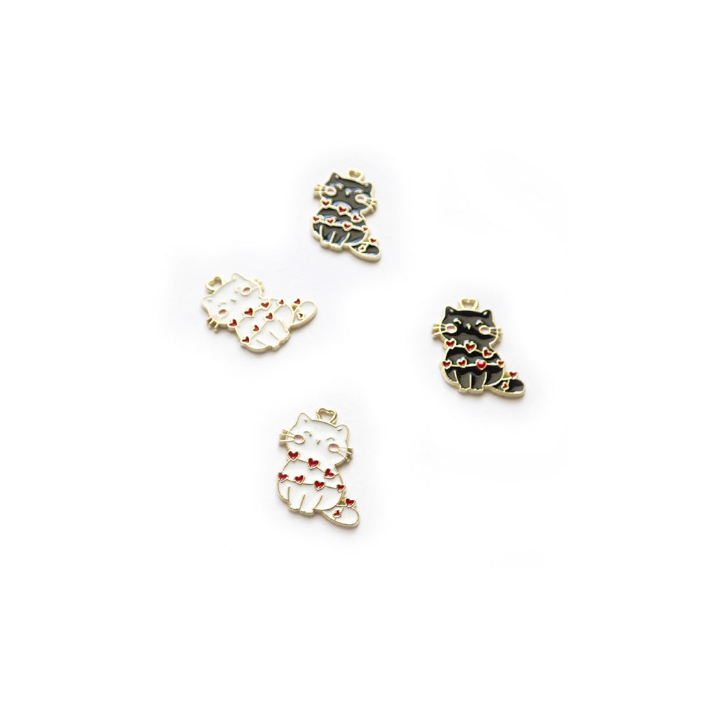 Valentine's Cat Enamel Metal Charms, 4 charms