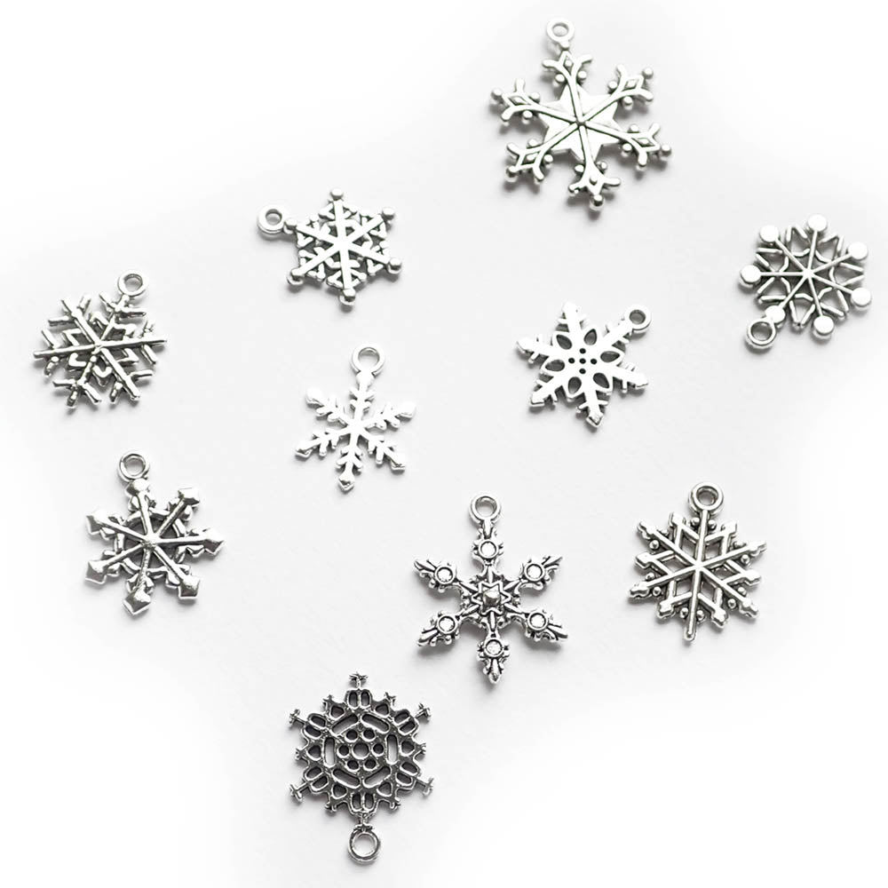 Snowflake Theme Metal Charms, Mixed Shapes, Silver Tone Color, 10 charms