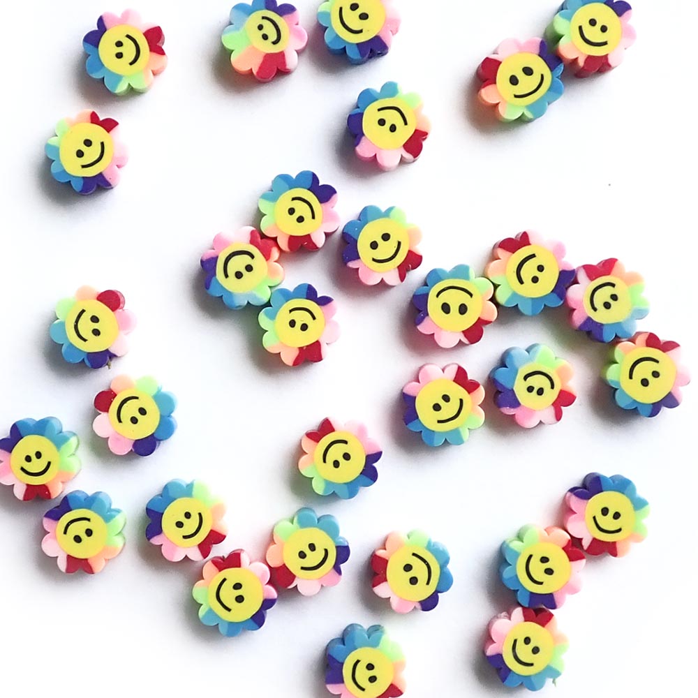 Rainbow Smiley Face Flower Beads, Polymer Clay, about 30 beads
