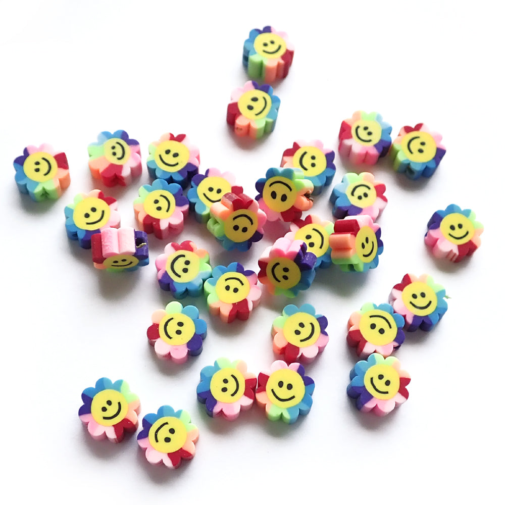 Rainbow Smiley Face Flower Beads, Polymer Clay, about 30 beads