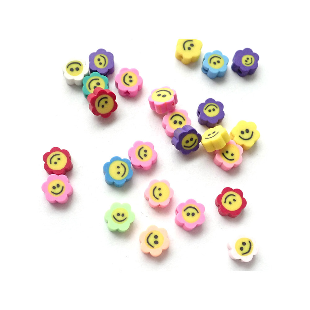 Smiley Face Flower Beads, Mixed Colors, Polymer Clay, about 25 beads