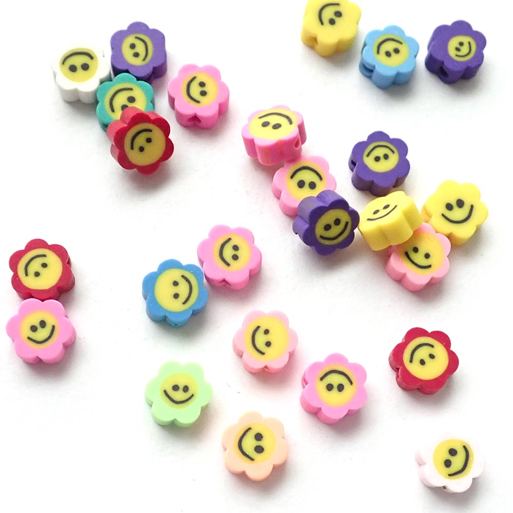 Smiley Face Flower Beads, Mixed Colors, Polymer Clay, about 25 beads