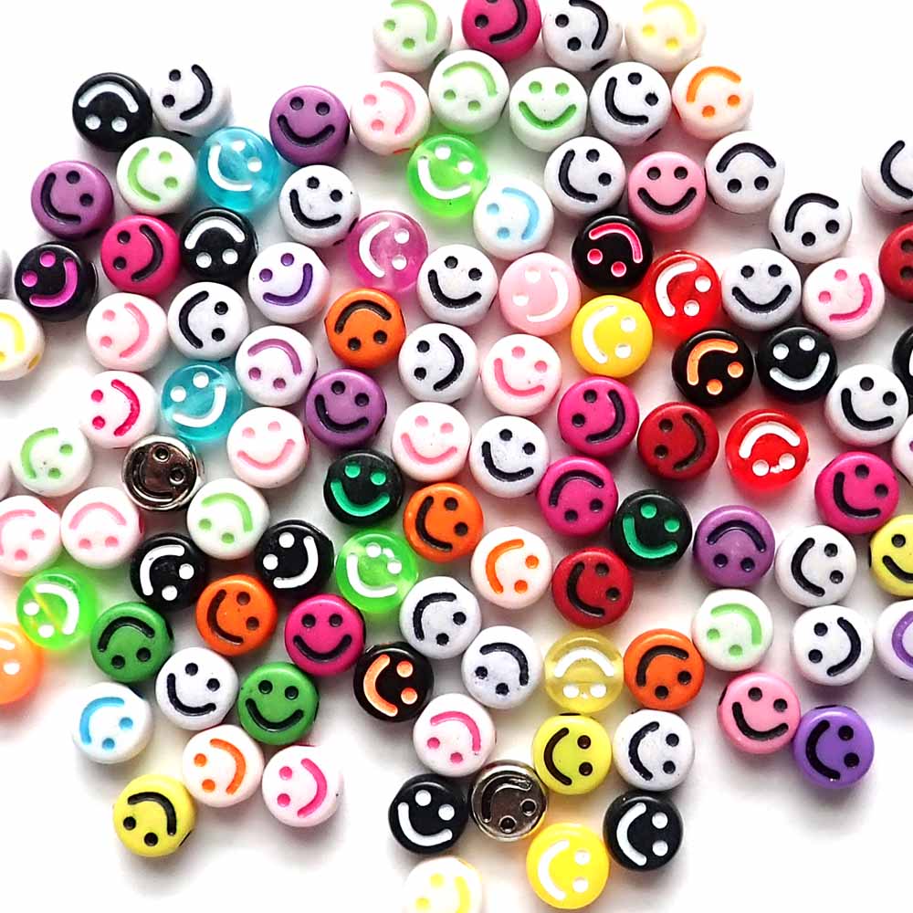 7mm Round Beads w/ Smiley Faces, Random colors, about 100 beads