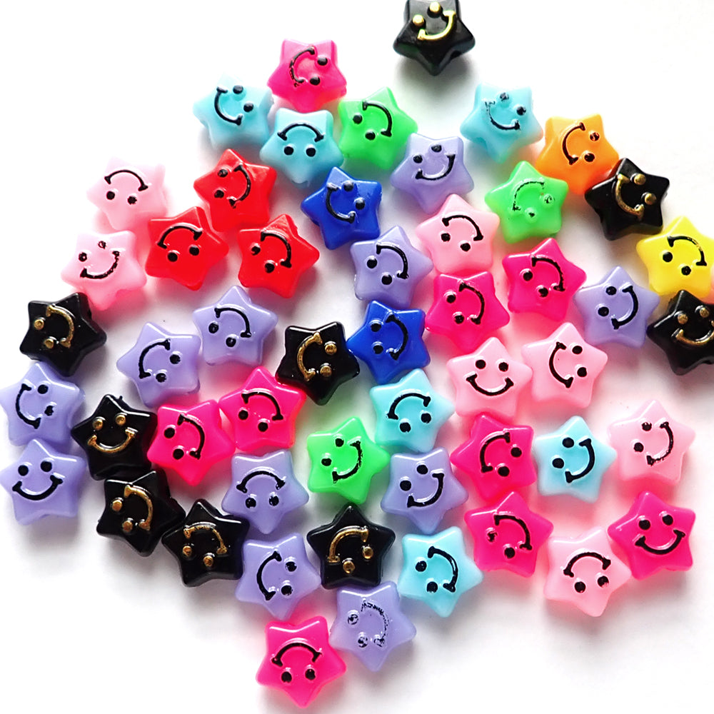 Smiley Face Plastic Star Beads, Mixed Colors, 12mm, 50 beads