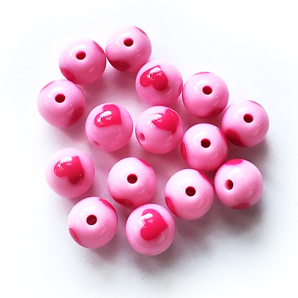 12mm Round Plastic Beads Pink w/ Red Heart, 15 beads