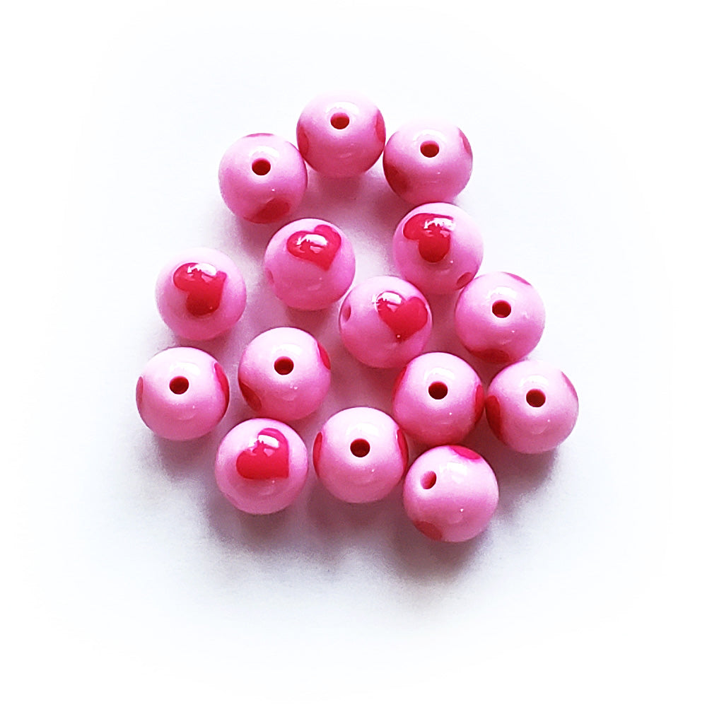 12mm Round Plastic Beads Pink w/ Red Heart, about 15 beads
