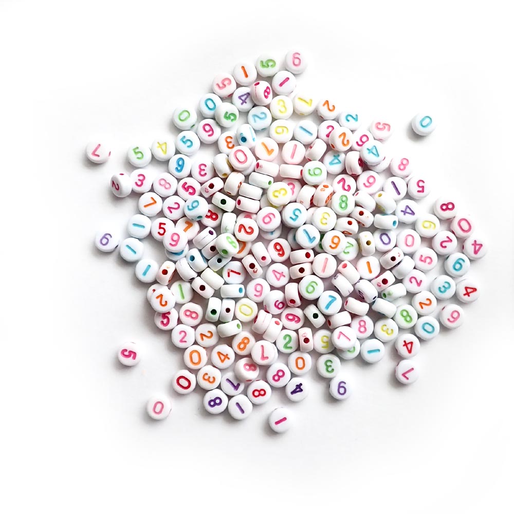 Plastic White 7mm Round Number Beads, Multi-Color Mix, about 200 beads