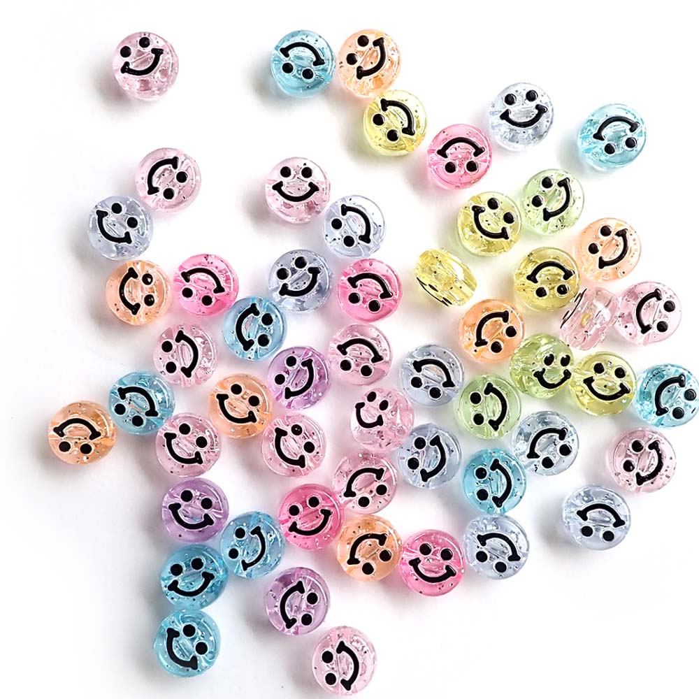 Pastel Glitter Smiley Face Round Plastic Beads, 10mm, 50pcs