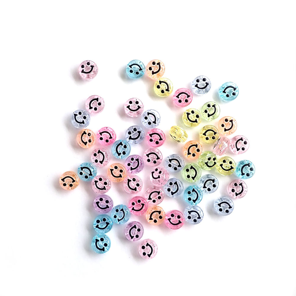 Pastel Glitter Smiley Face Round Plastic Beads, 10mm, 50pcs