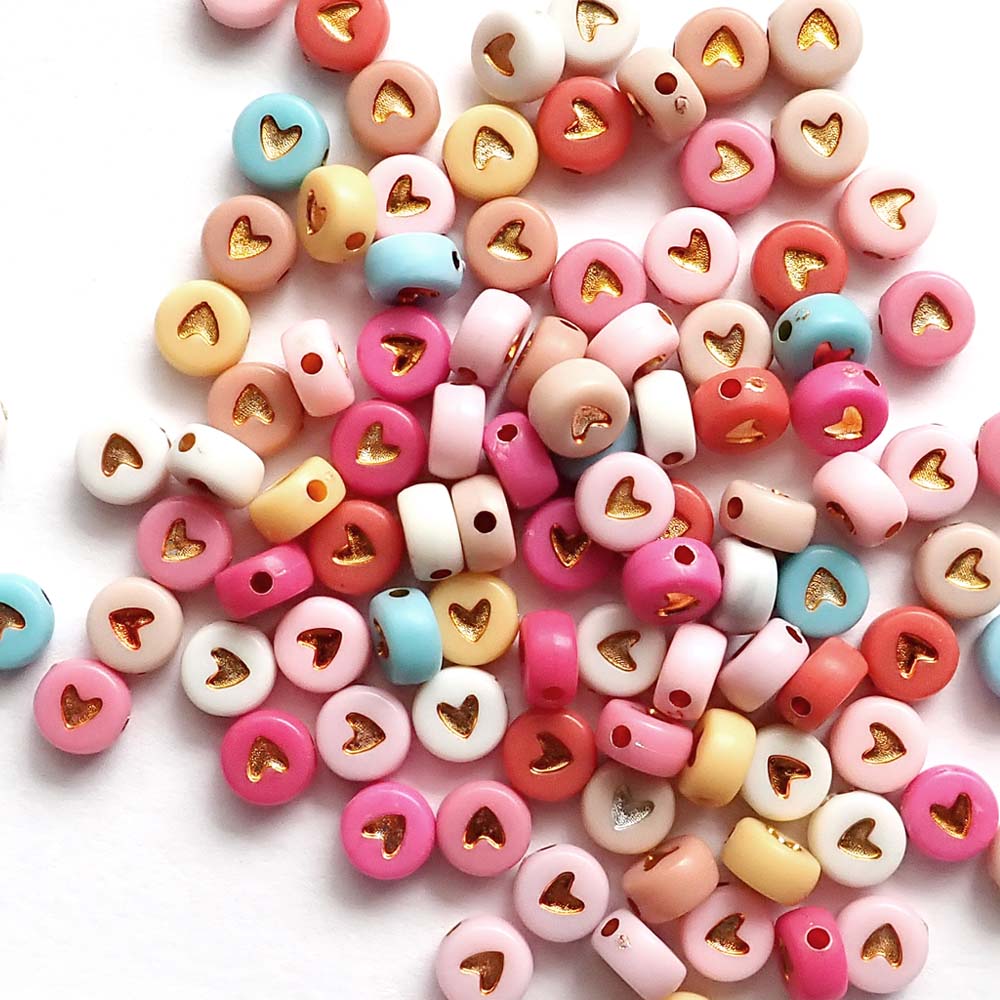 Boho Color Mix Plastic 7mm Round Beads w/ Metallic Heart, about 100 beads