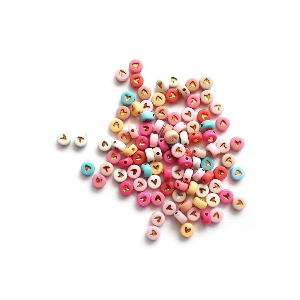 Boho Color Mix Plastic 7mm Round Beads w/ Metallic Heart, about 100 beads