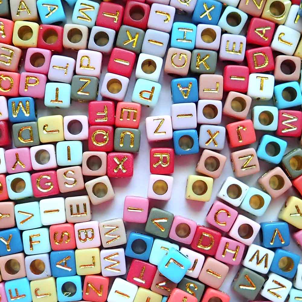 Boho Color Mix Plastic 6mm Cube Alphabet Beads (Gold Letters), Random Letters, about 500 beads