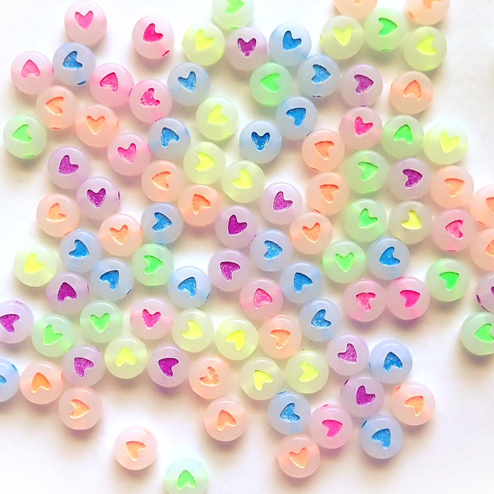 Glow 7mm Round Beads with Hearts, about 100 beads