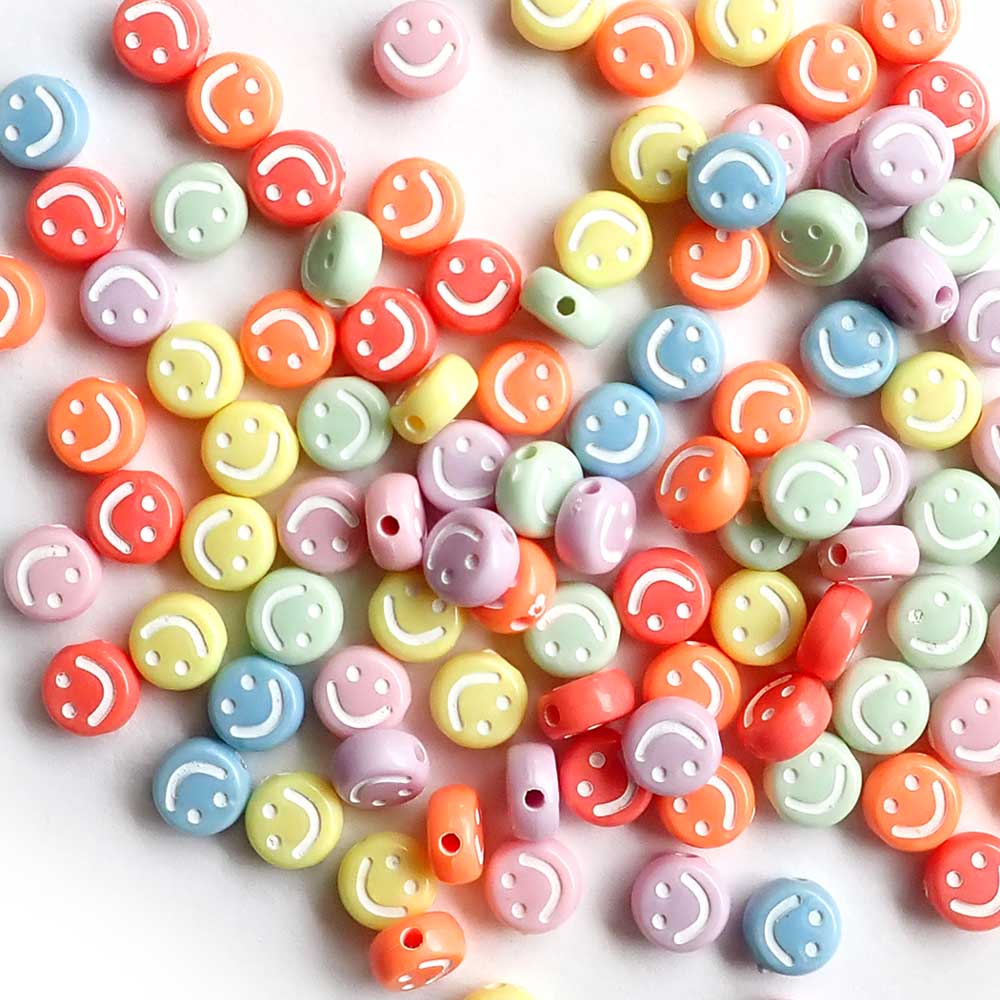 Pastel Mix Plastic Round Beads w/ White Smiley, 7mm, about 100 beads