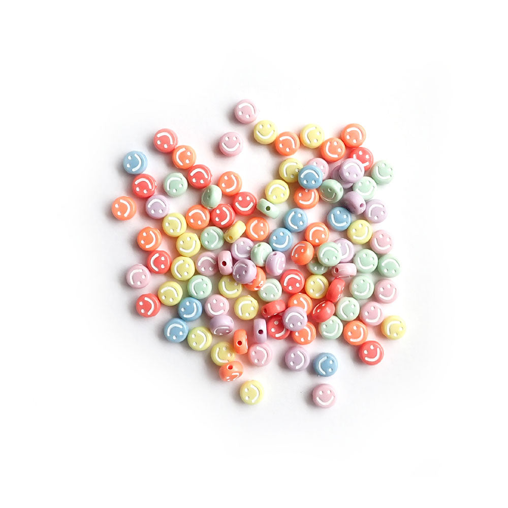 Pastel Mix Plastic Round Beads w/ White Smiley, 7mm, about 100 beads