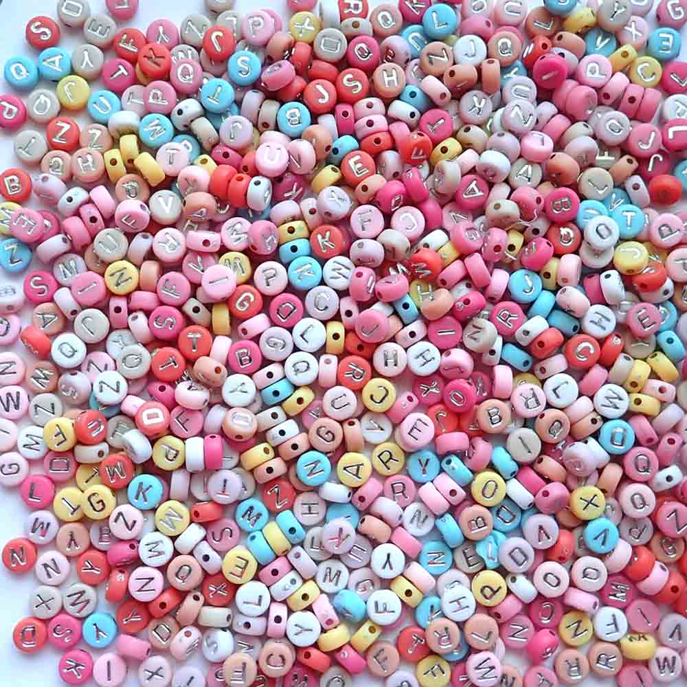 Boho Color Mix Plastic 7mm Round Alphabet Beads (Silver Letters), Random Letters, about 500 beads