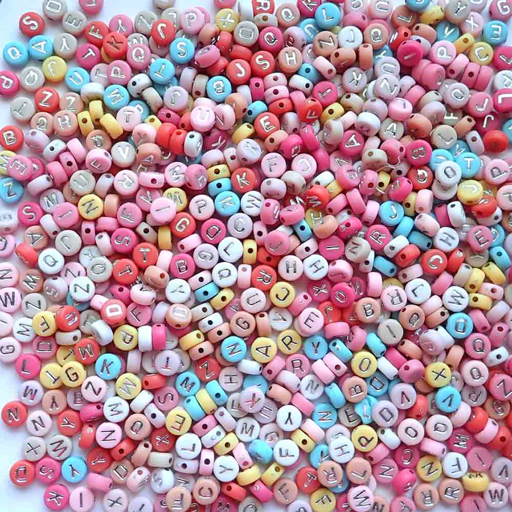 Boho Color Mix Plastic 7mm Round Alphabet Beads (Silver Letters), Random Letters, about 500 beads