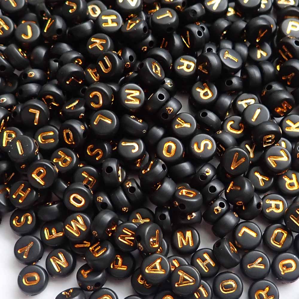 Black Plastic 7mm Round Alphabet Beads (Gold Letters), Random Letters, about 500 beads
