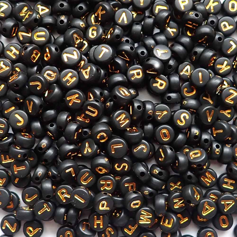 Black Plastic 7mm Round Alphabet Beads (Gold Letters), Random Letters, about 500 beads