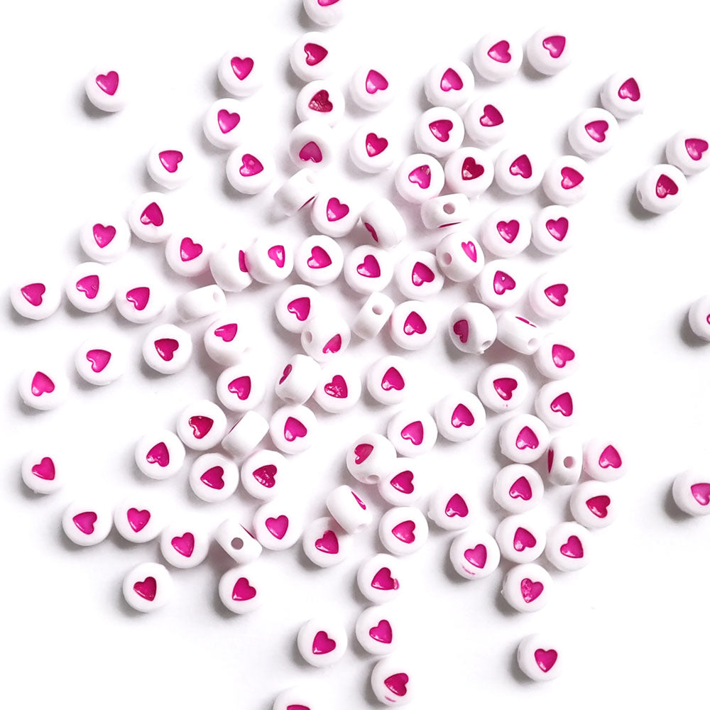 7mm White Round Plastic Beads w/ Pink Hearts, about 100 beads