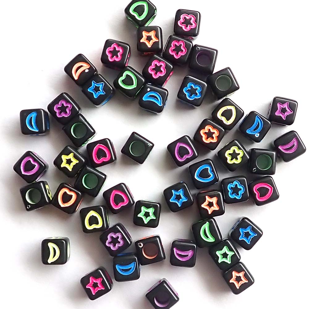 Black Cube Plastic Beads w/ Neon Symbols, 6mm, Random Colors, about 50 beads