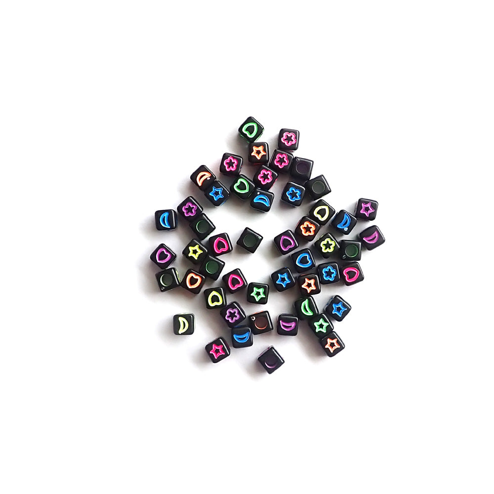 Black Cube Plastic Beads w/ Neon Symbols, 6mm, Random Colors, about 50 beads