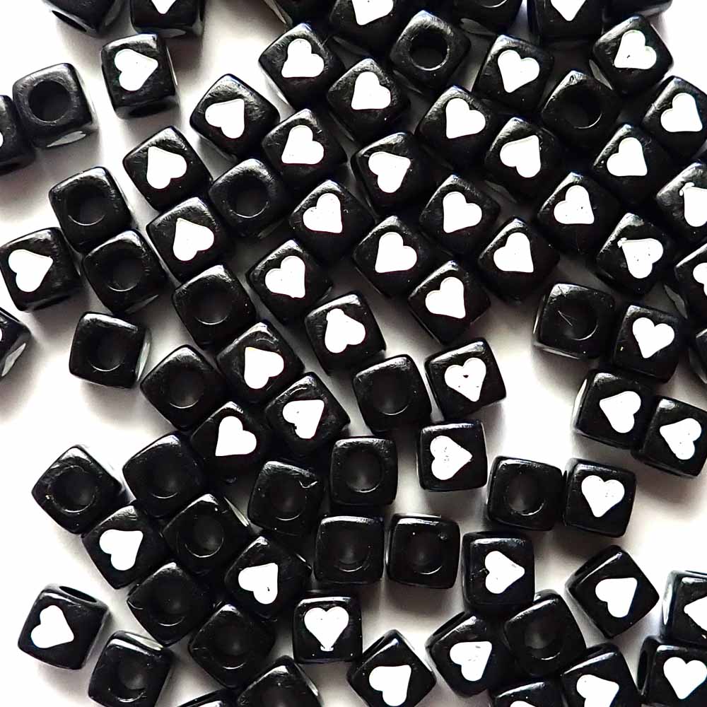 7mm Black Cube Beads w/ White Hearts, about 100 beads