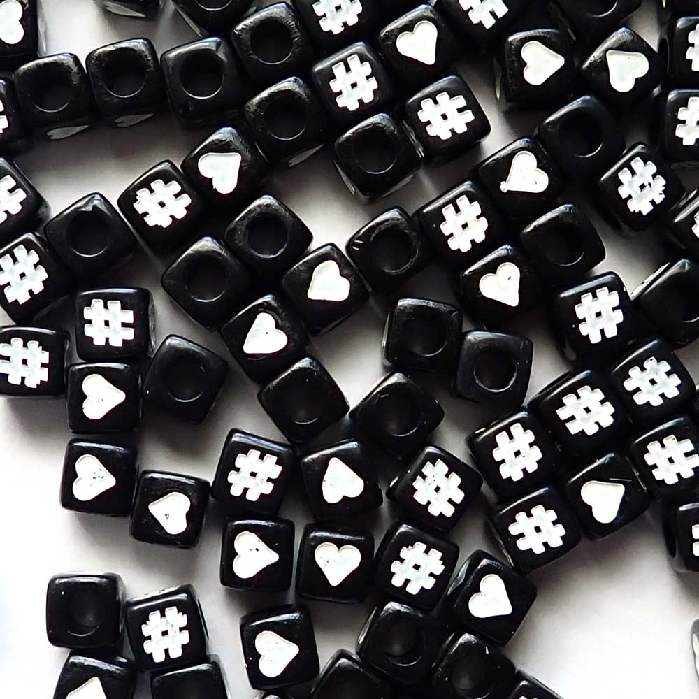 7mm Black Cube Beads Hearts &amp; Hashtags Random Mix, about 100 beads