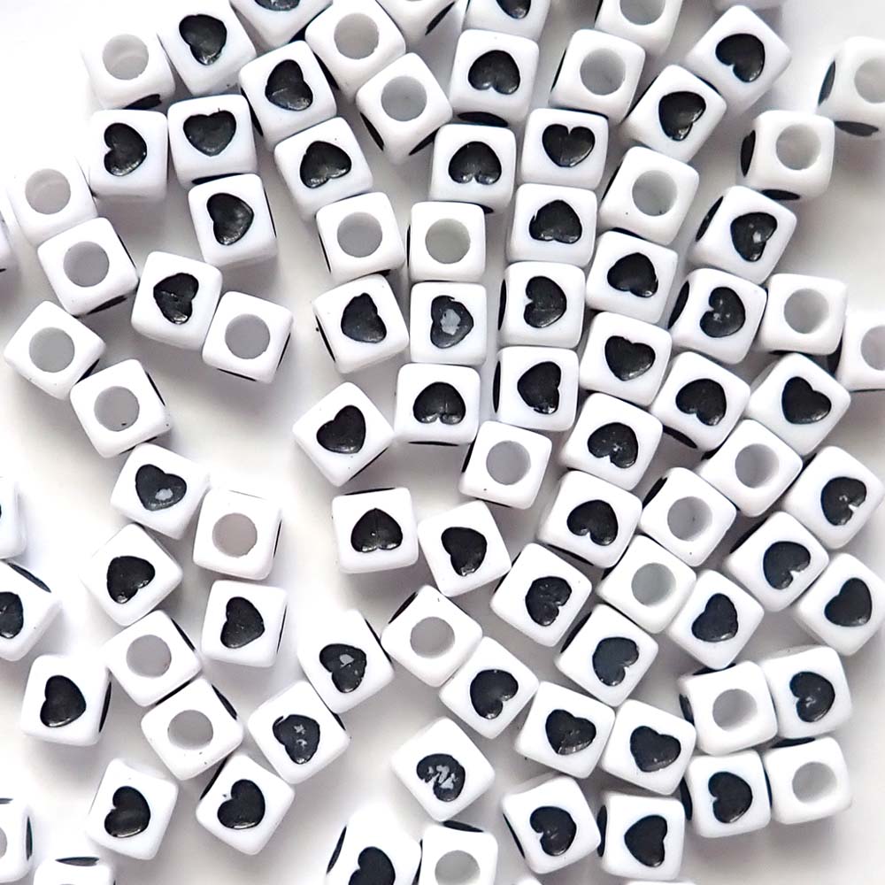 7mm White Cube Beads w/ Black Hearts, about 100 beads