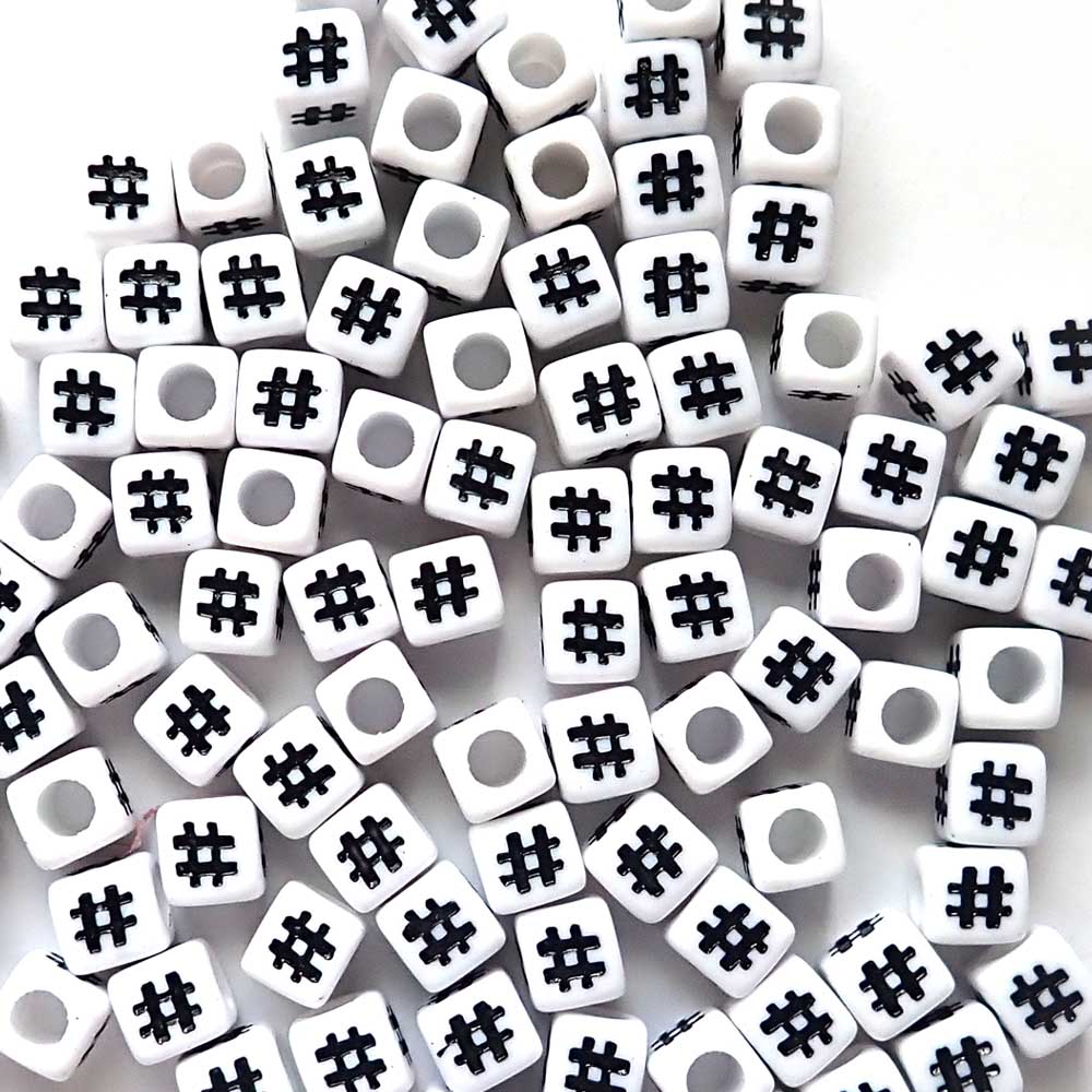 7mm White Cube Plastic Beads w/ Hashtags, about 100 beads