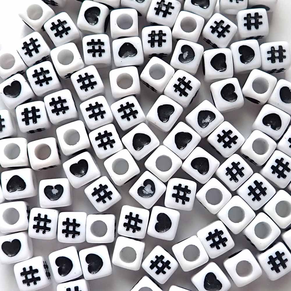 7mm White Cube Plastic Beads Hearts & Hashtags Random Mix, about 100 beads