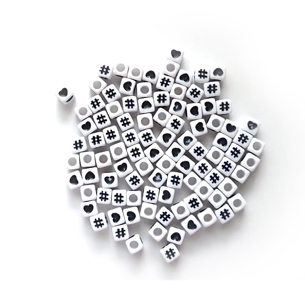 7mm White Cube Plastic Beads Hearts & Hashtags Random Mix, about 100 beads