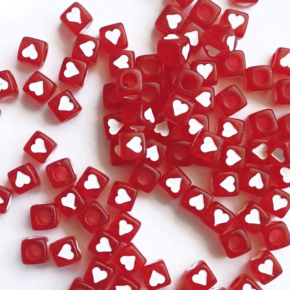 7mm Red Cube Plastic Beads w/ White Hearts, about 100 beads