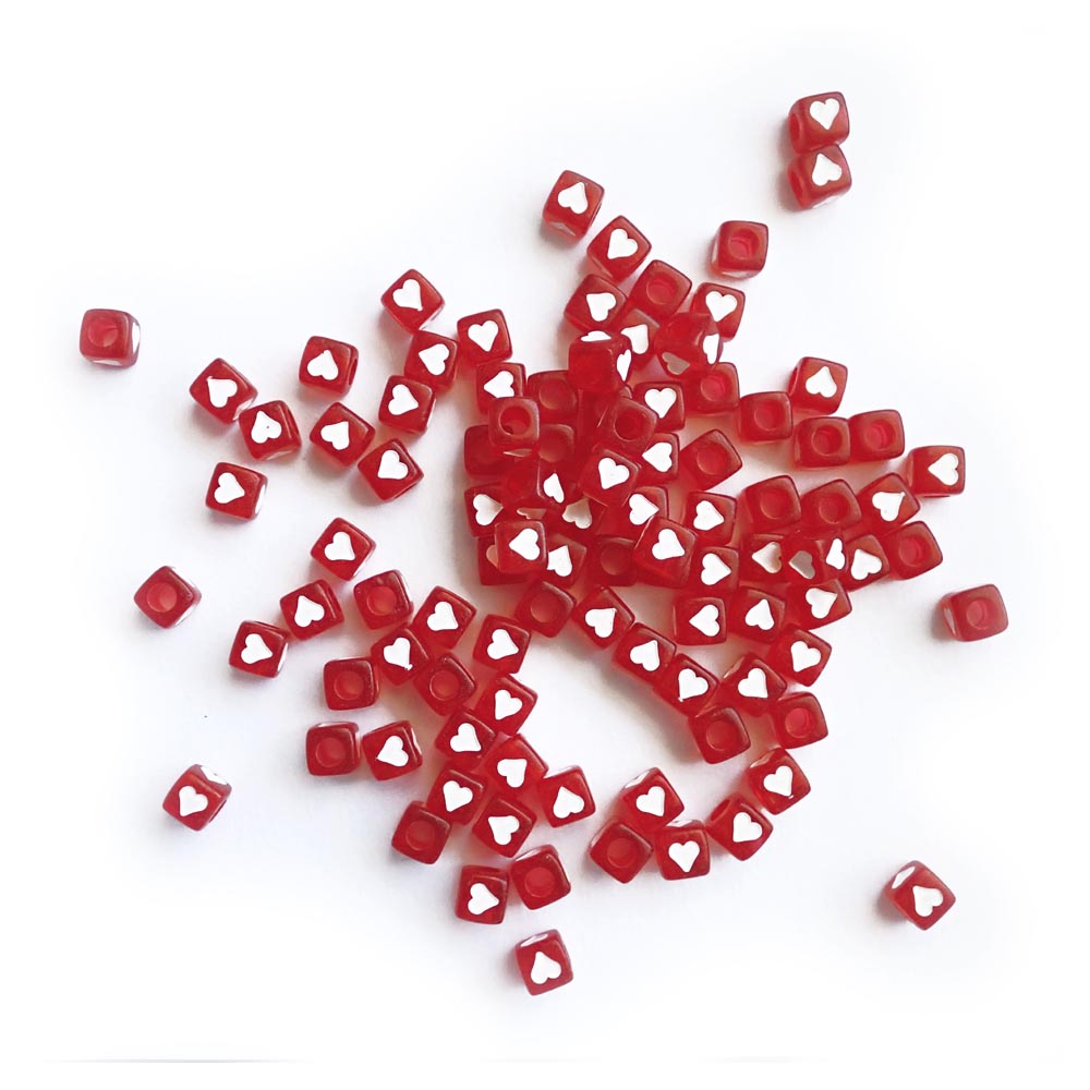 7mm Red Cube Plastic Beads w/ White Hearts, about 100 beads