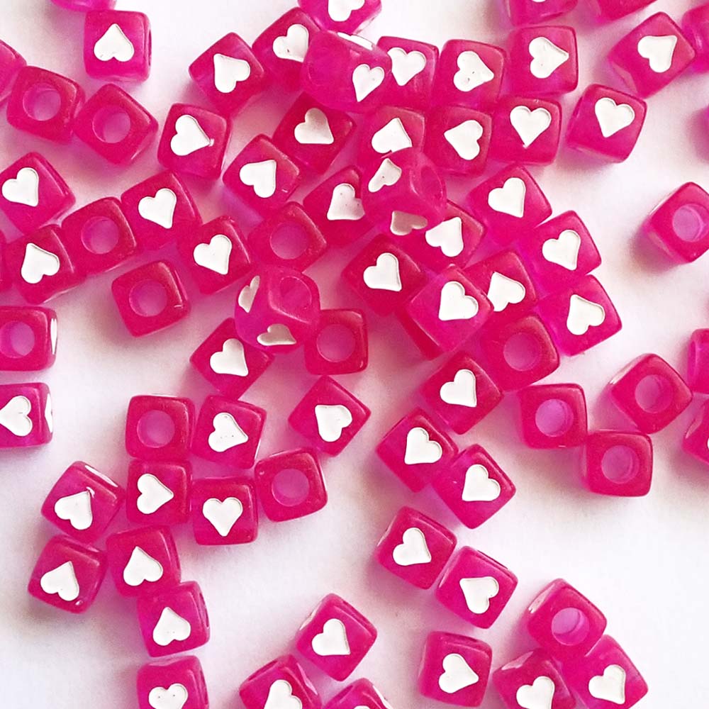 7mm Hot Pink Cube Plastic Beads w/ White Hearts, about 100 beads