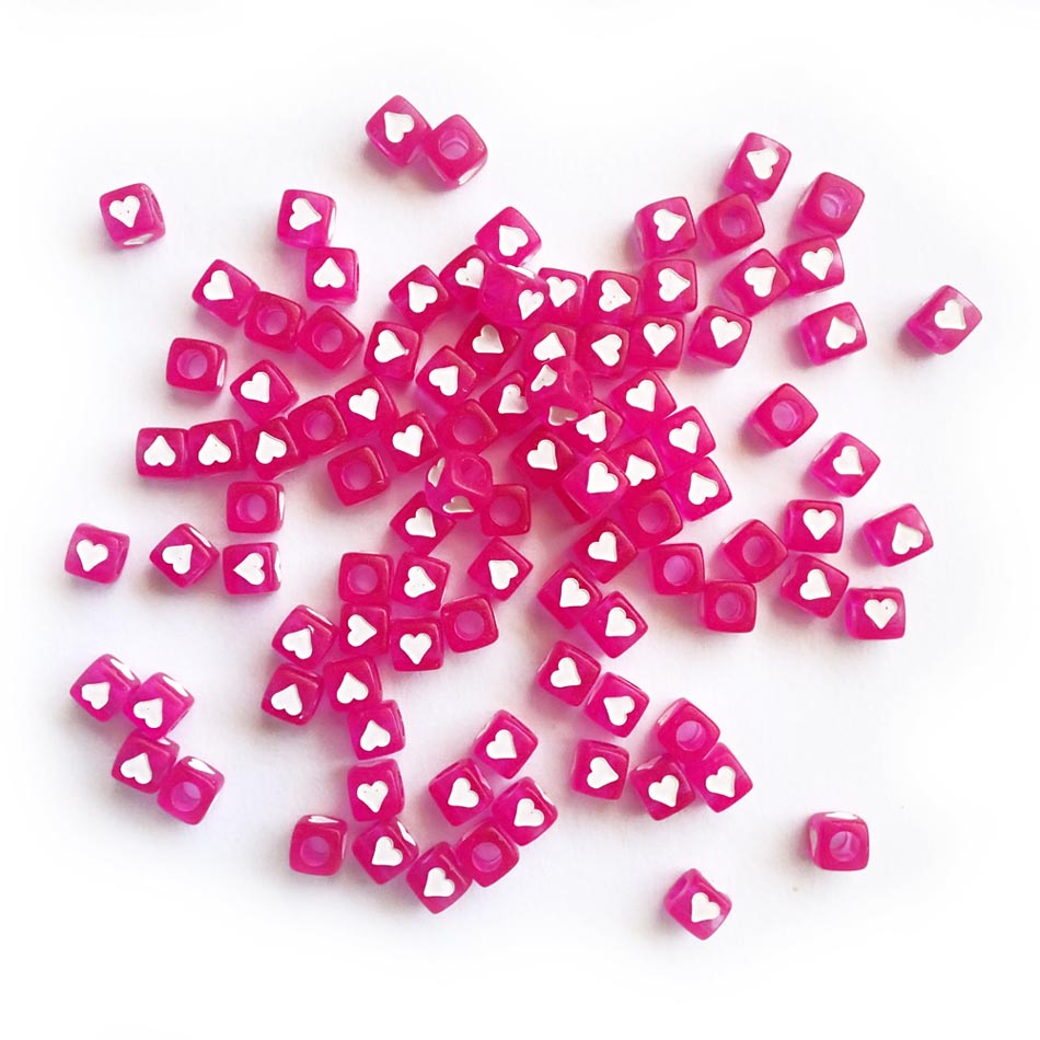 7mm Hot Pink Cube Plastic Beads w/ White Hearts, about 100 beads