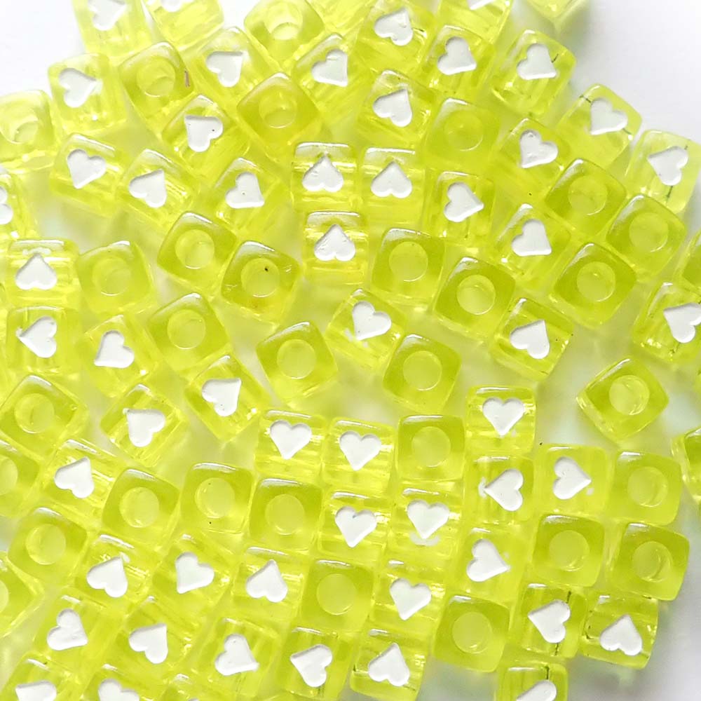 7mm Yellow Cube Beads w/ White Hearts, about 100 beads