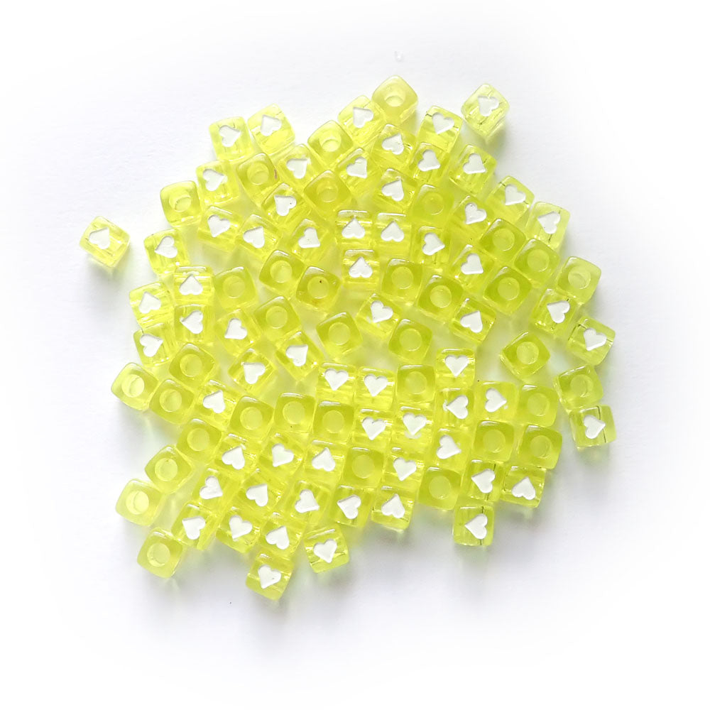 7mm Yellow Cube Plastic Beads w/ Hearts, about 100 beads