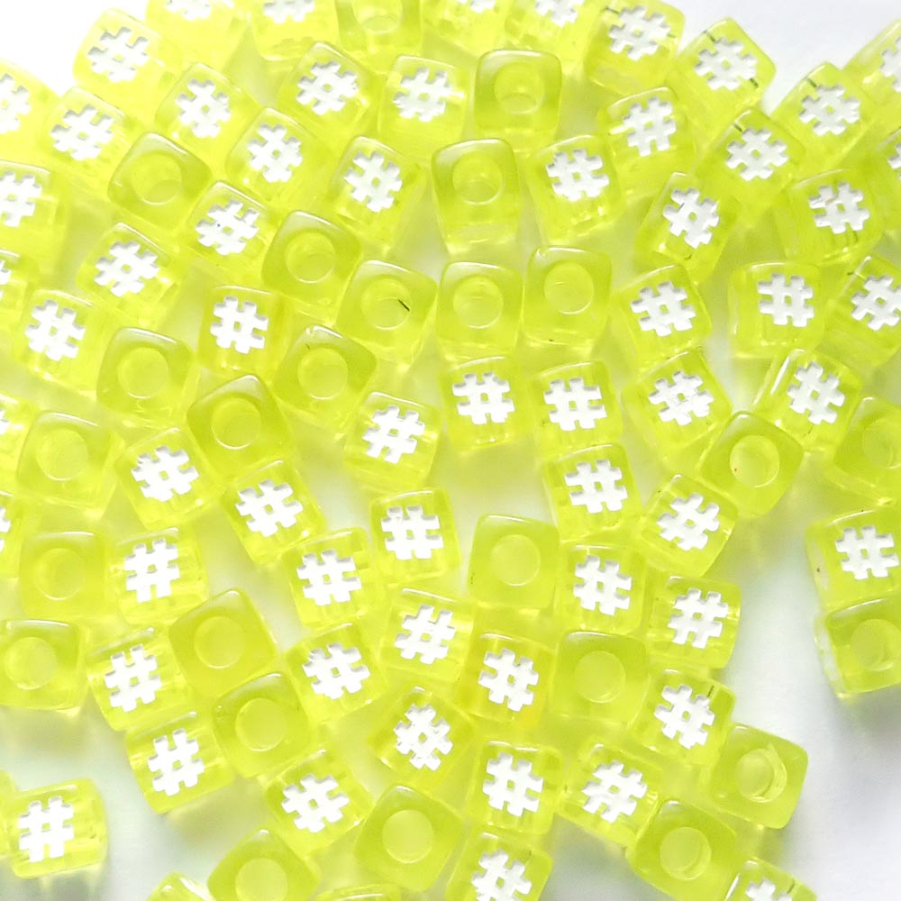 7mm Yellow Cube Plastic Beads w/ Hashtags, about 100 beads