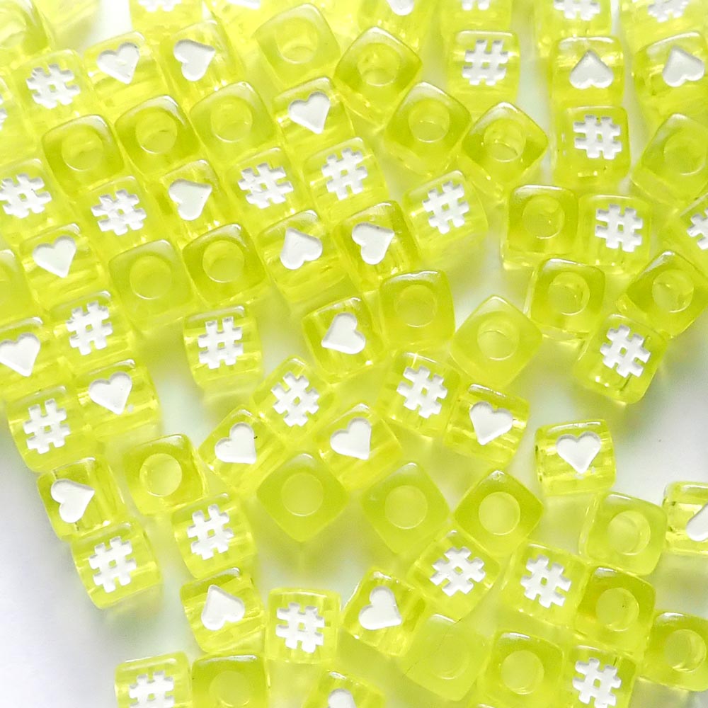 7mm Yellow Cube Plastic Beads w/ Hearts & Hashtags Random Mix, about 100 beads