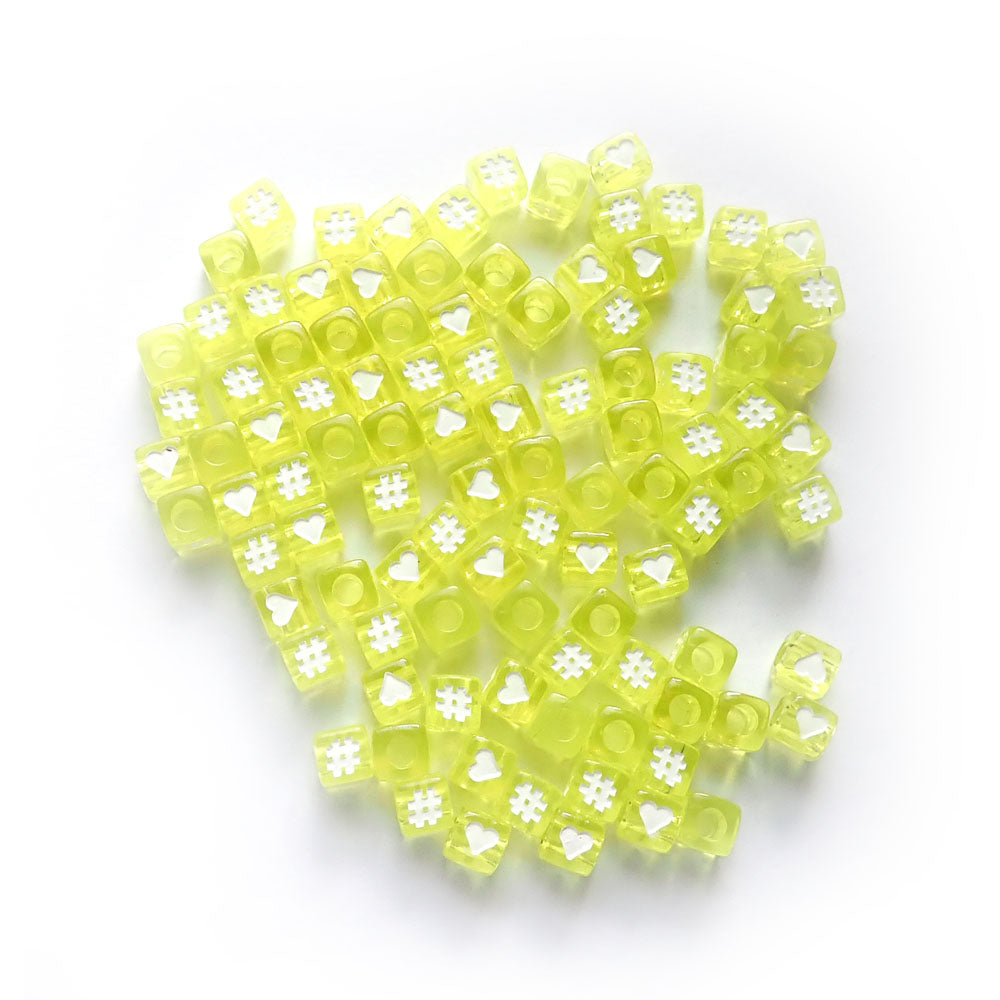 7mm Yellow Cube Plastic Beads w/ Hearts & Hashtags Random Mix, about 100 beads