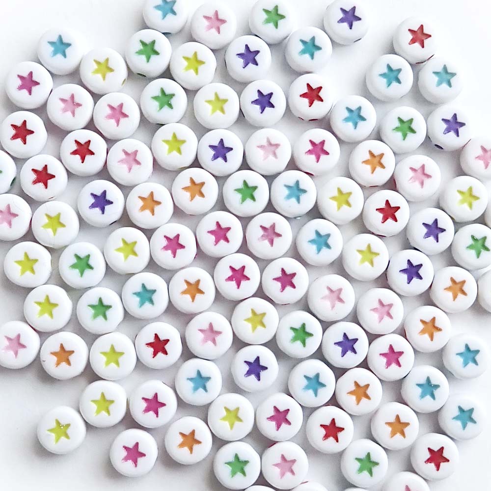 White 7mm Round Beads with Multicolor Stars, about 100 beads