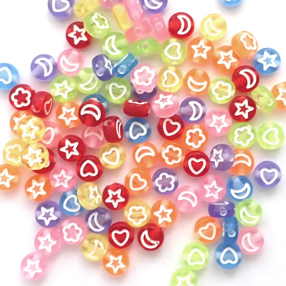 Multicolor Transparent Mix 7mm Plastic Round Beads w/ Design Symbols, about 100 beads