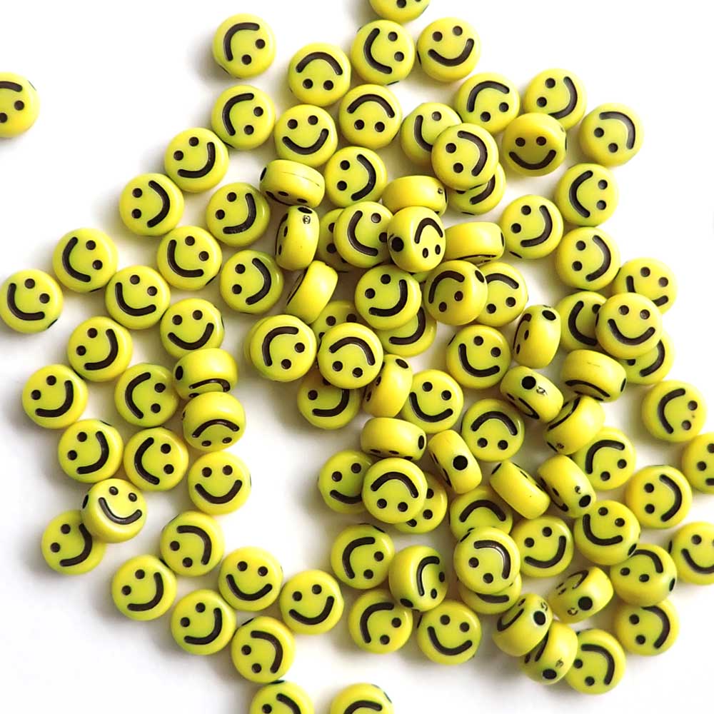 Yellow 7mm Round Beads with Smiley Faces, about 100 beads