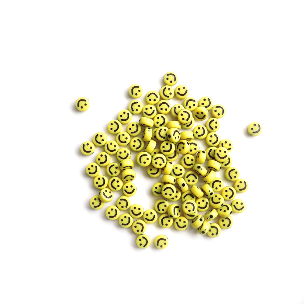 Yellow 7mm Round Beads with Smiley Faces, about 100 beads