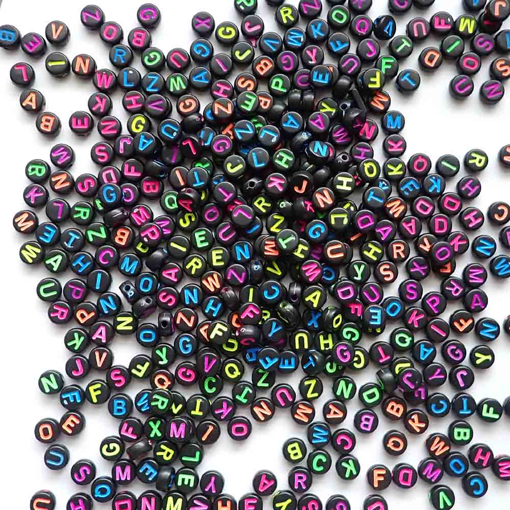 Black Plastic 7mm Round Alphabet Beads (Neon Letters), Random Letters, about 500 beads